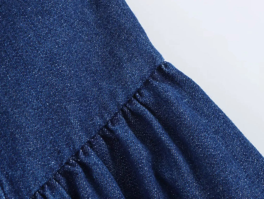 Denim Midi Dress With Pleats Backless Style High Waist