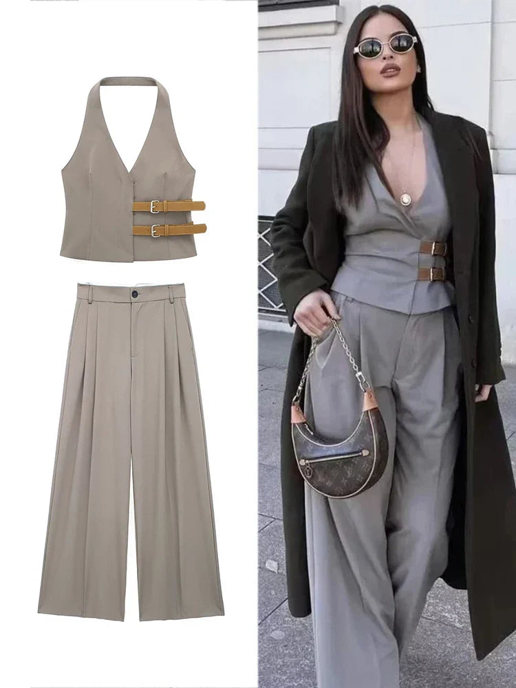 Women's Two-Piece Suit Set with Belt Halter V-Neck Top and High-Waisted Pleated Pants