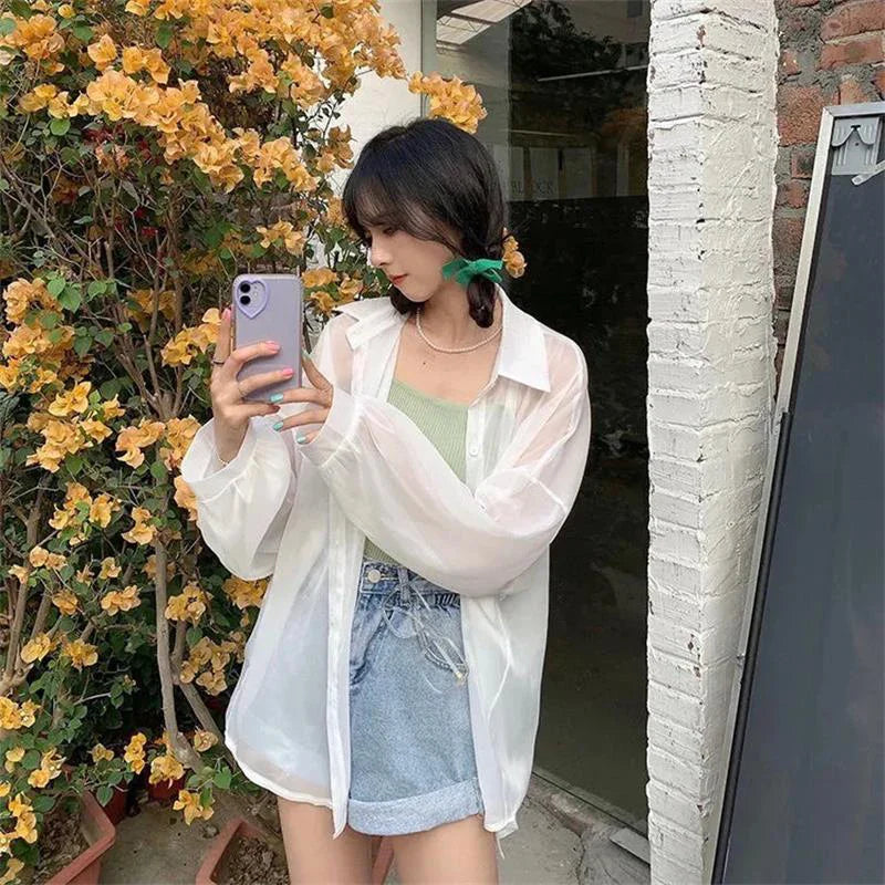 Women's Chiffon Long Sleeve Blouse Loose Fit Thin Cardigan Casual Solid Color Top