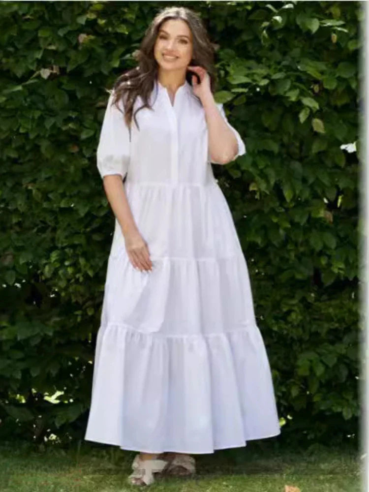 Summer Dress Solid Color Loose Fit Women Half Sleeves