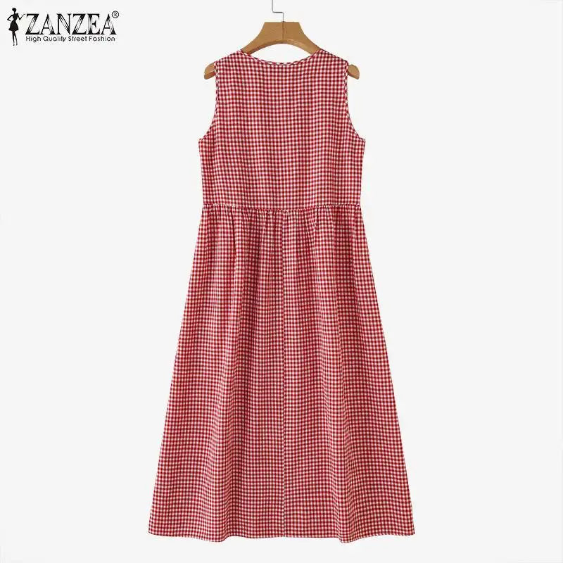 Gingham Midi Dress For Women Vintage Casual Aline Holiday