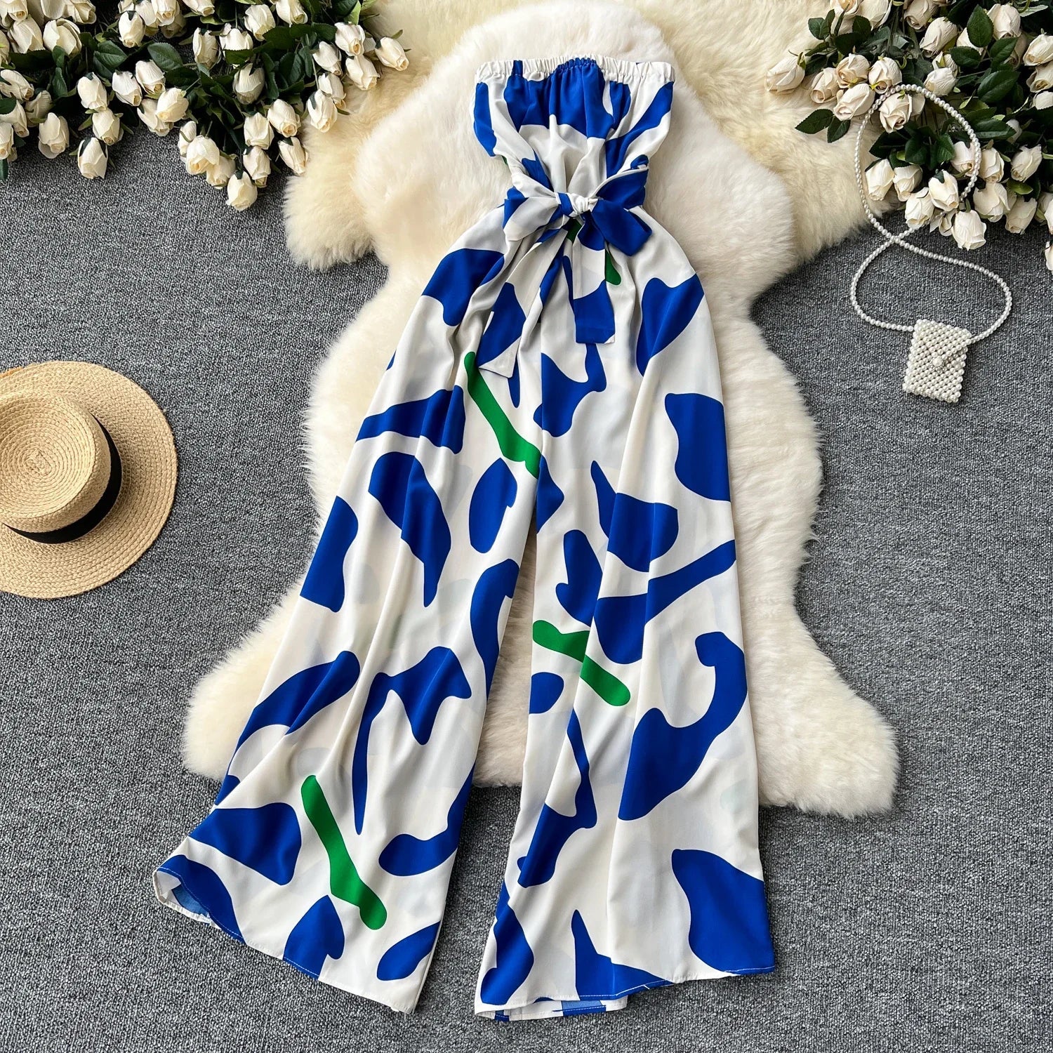 Women's Elegant Suspender Jumpsuit Sexy Printed Casual Hip Waist Overalls Romper