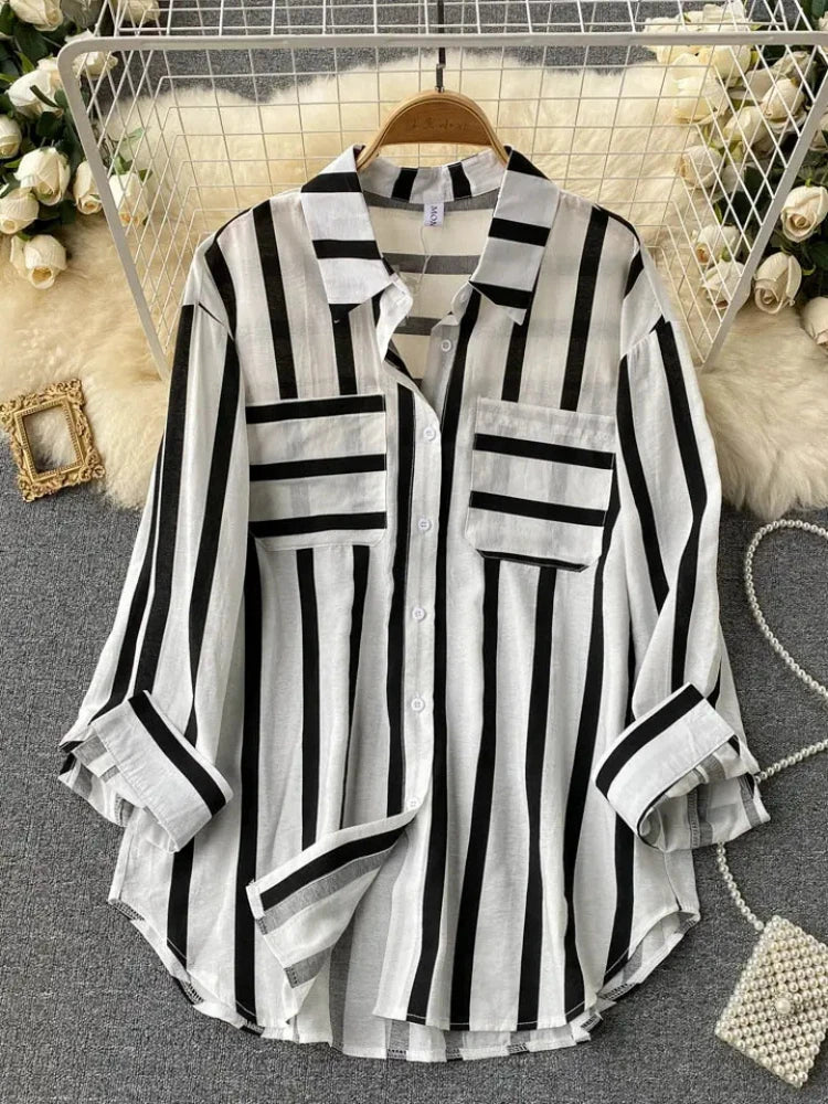 Elegant Medium Length Vertical Stripe Shirt Jacket for Women Casual Loose Fitting Korean Style Blouse