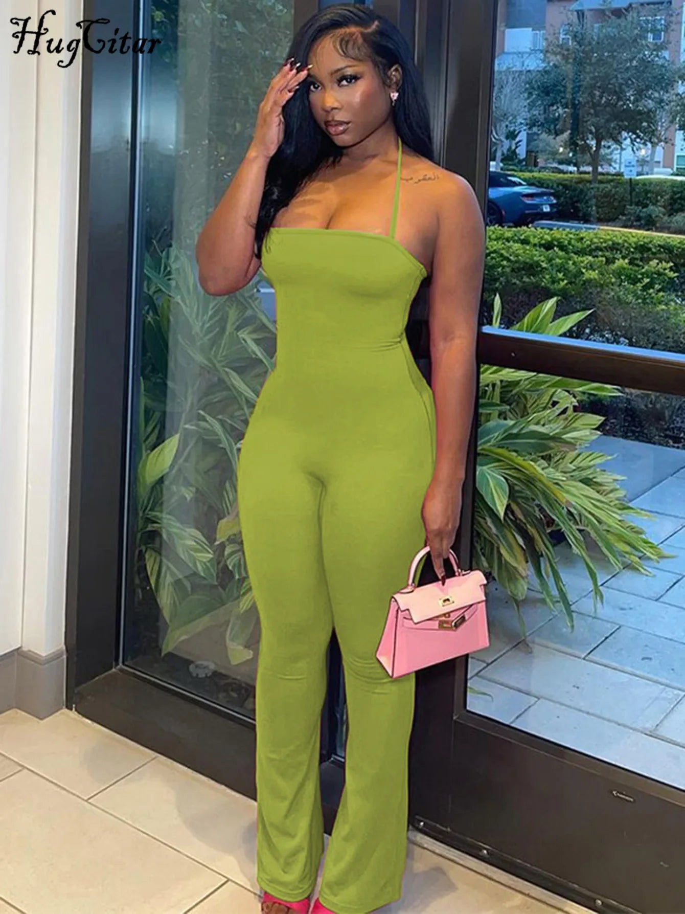 Sleeveless Halter Backless Bodycon Jumpsuit with Flare Pants Casual Rompers for Women Streetwear Festival Outfit