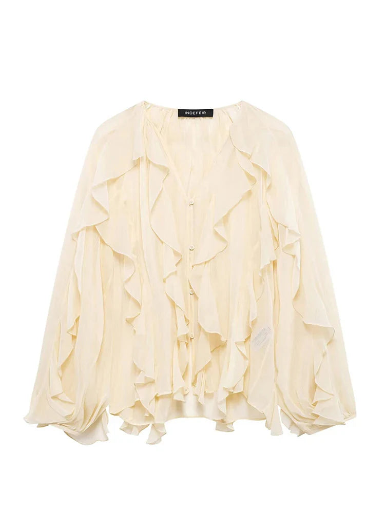 Elegant Solid Color Multi-Layered Ruffle V-Neck Sheer Long Sleeve Loose Blouse for Women