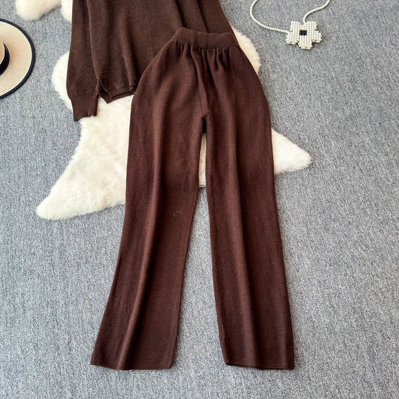 Cozy Knitted Two-Piece Women's Tracksuit Set with V-Neck Sweater and Straight Jogging Pants Autumn Winter Lounge Wear