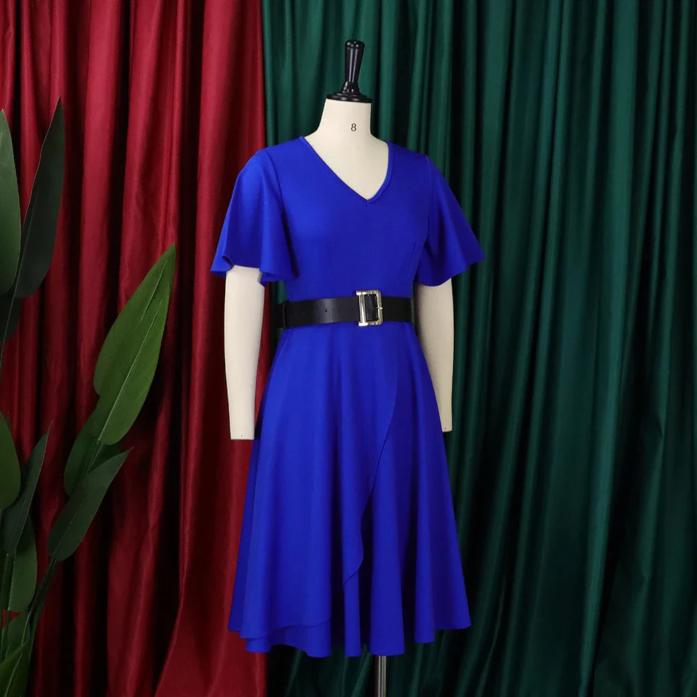 Elegant Womens Belted Round Neck Ruffle Sleeve Midi Dress