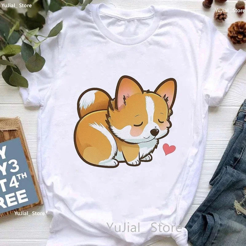 Golden Puppy Sunflower Dog Lover T Shirt for Girls Kawaii Summer Fashion Top with Pug and Yorkie Design