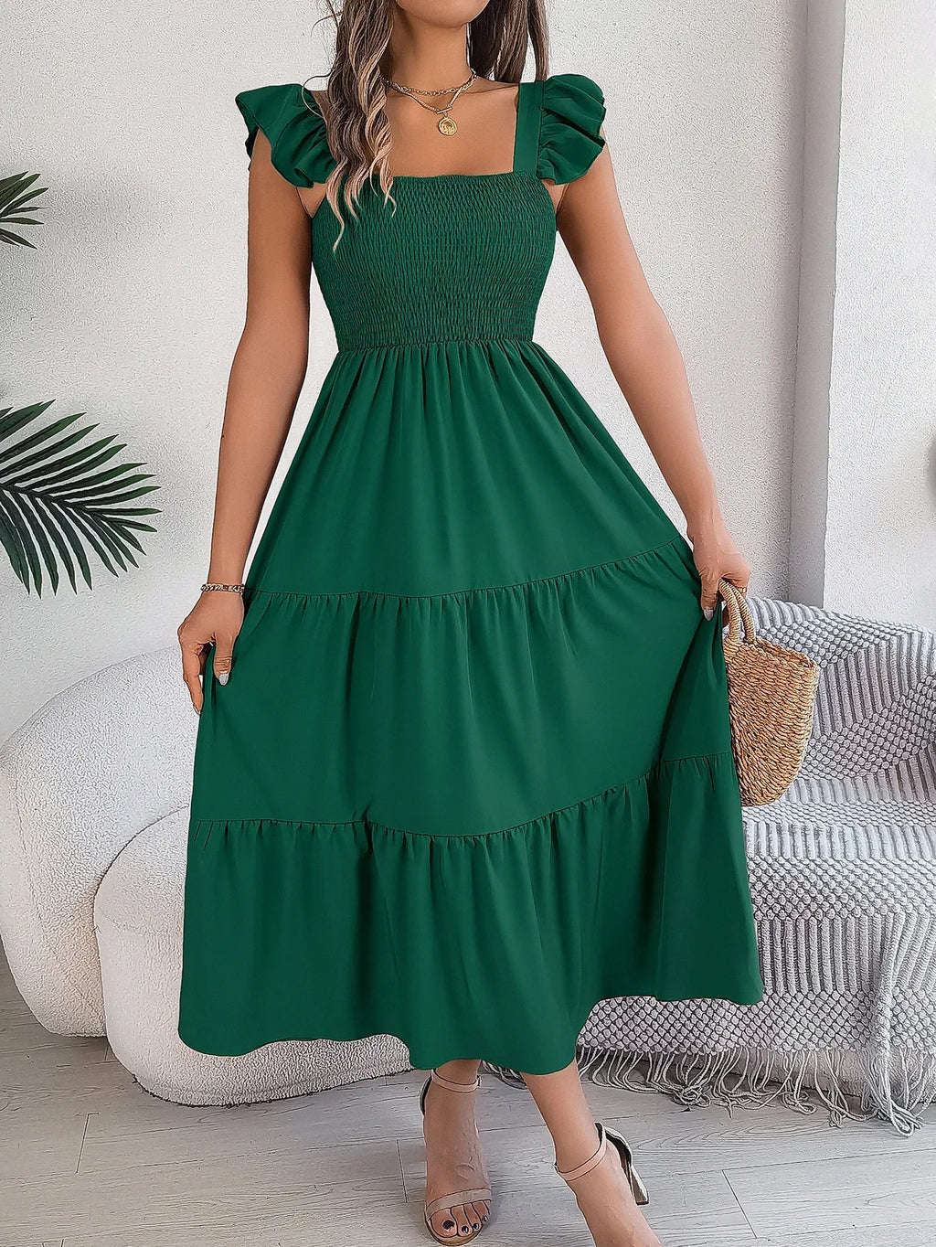 Square Neck Maxi Dress for Women Solid Summer Color