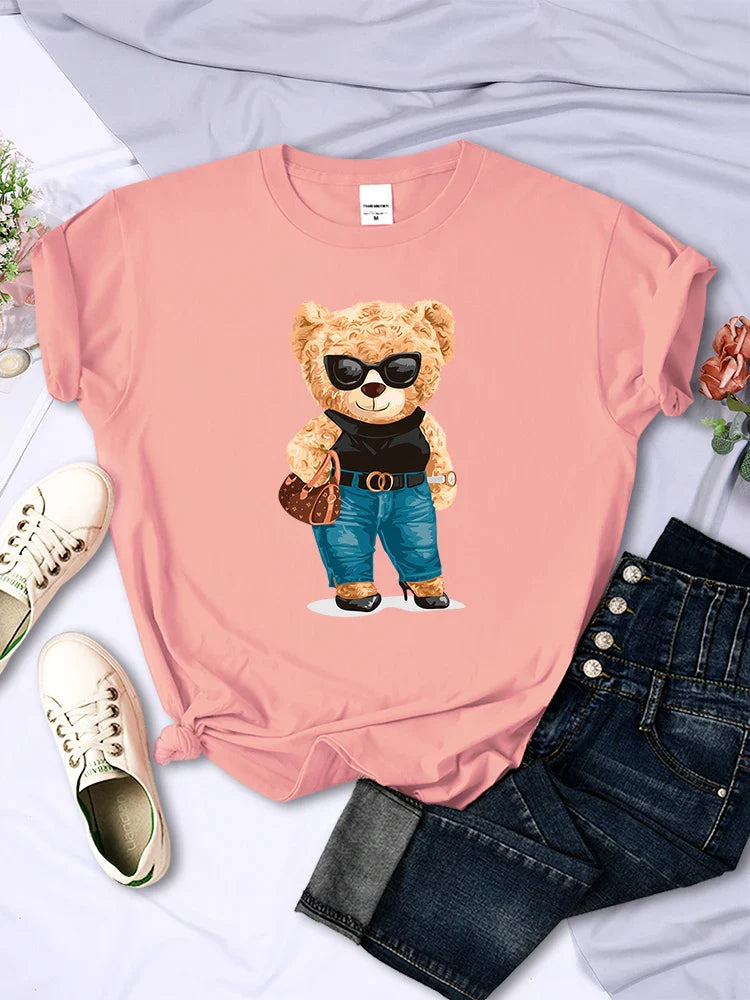 Fashion Teddy Bear Graphic T-Shirt for Women Casual Hip Hop Short Sleeves O-Neck Breathable Summer Tee