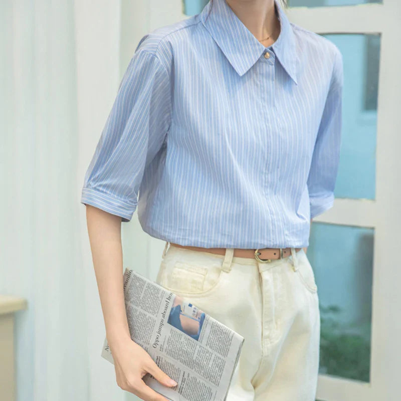 Women Casual Blue Stripe Short Sleeve Polo Collar Shirt Elegant Loose Office Blouse Single Breasted Summer Chic Top