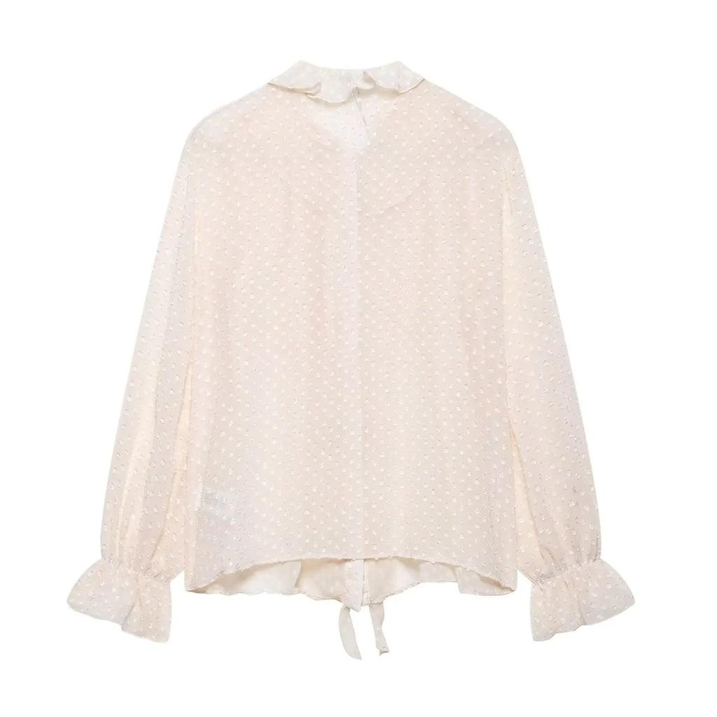 Women's Cascading Ruffles Polka Dot Chiffon Blouse Full Sleeve Office Shirt Elegant Business Top