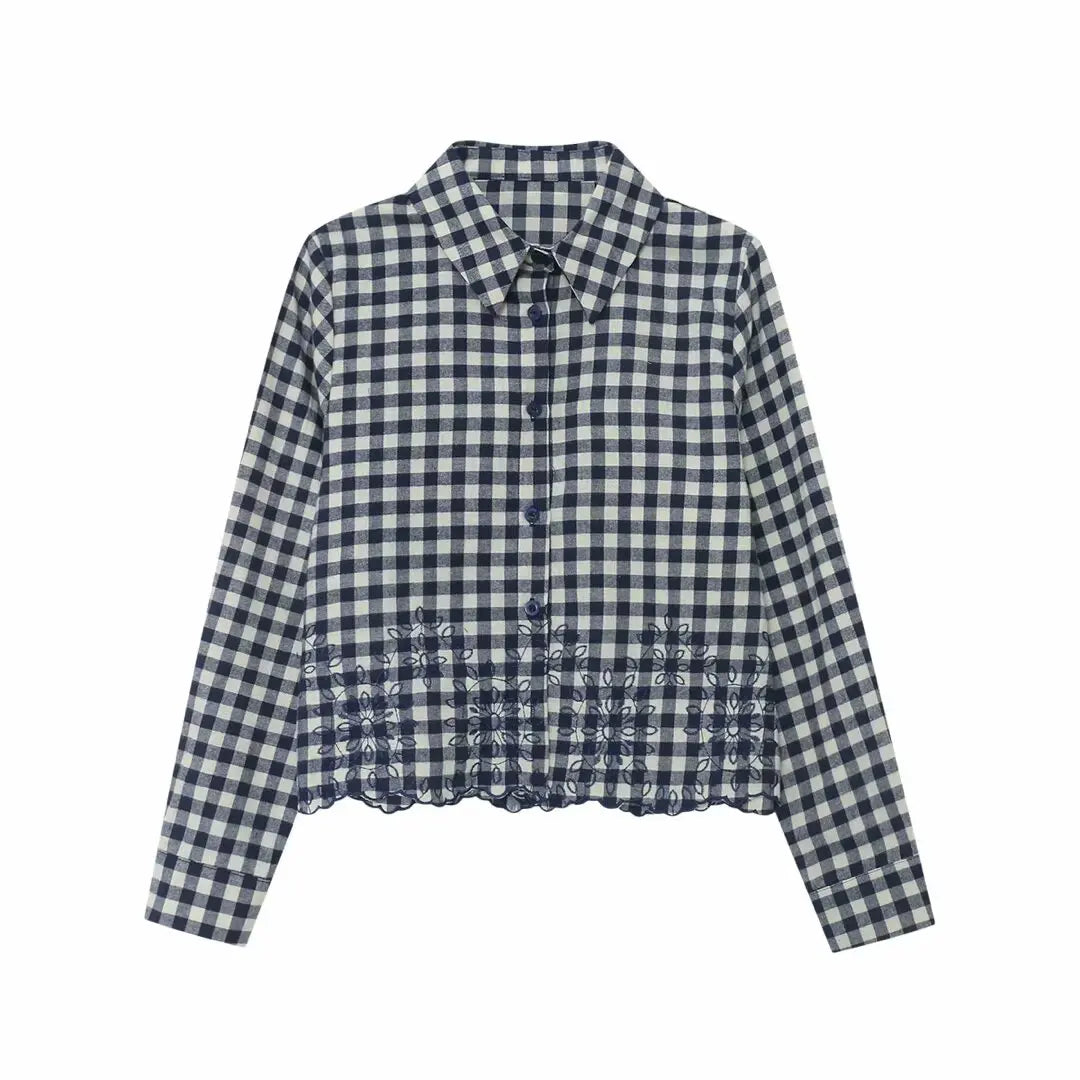 Heavy Embroidered Retro Plaid Shirt with Classic All-Match Design and Vintage Charm