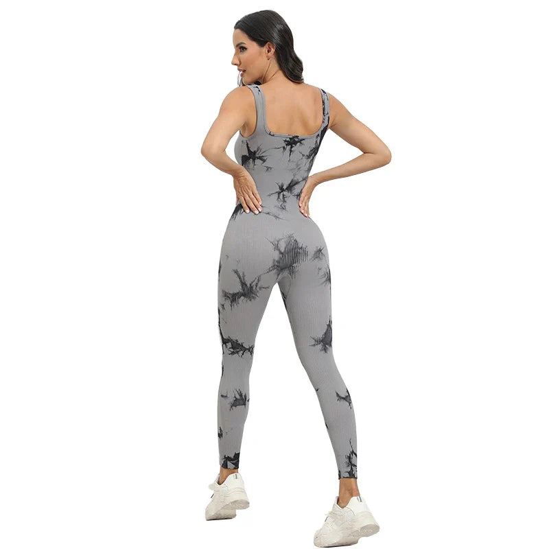 Tie-Dye Ribbed One-Piece Tank Top Jumpsuit for Women Sleeveless Yoga Sportswear Stretchy Comfort Fit