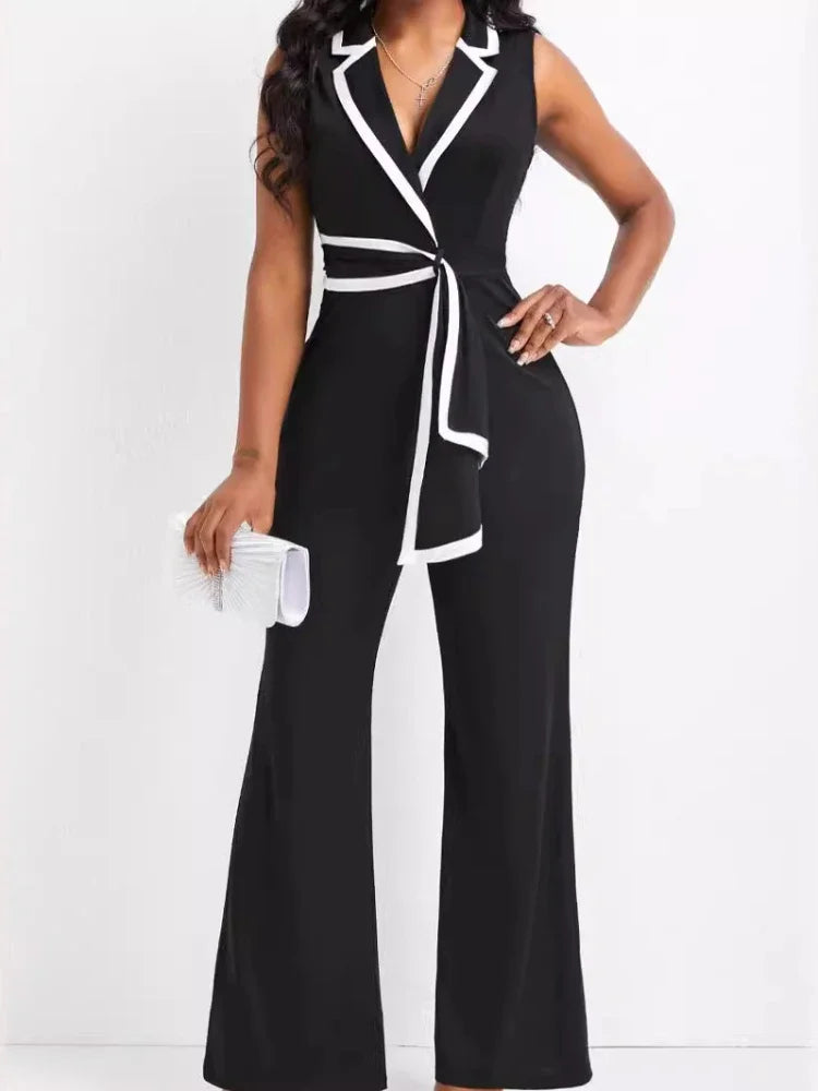 Women's Elegant Sleeveless V Neck Overalls Jumpsuit Full Length Wide Leg Pants Office Casual Summer Outfit