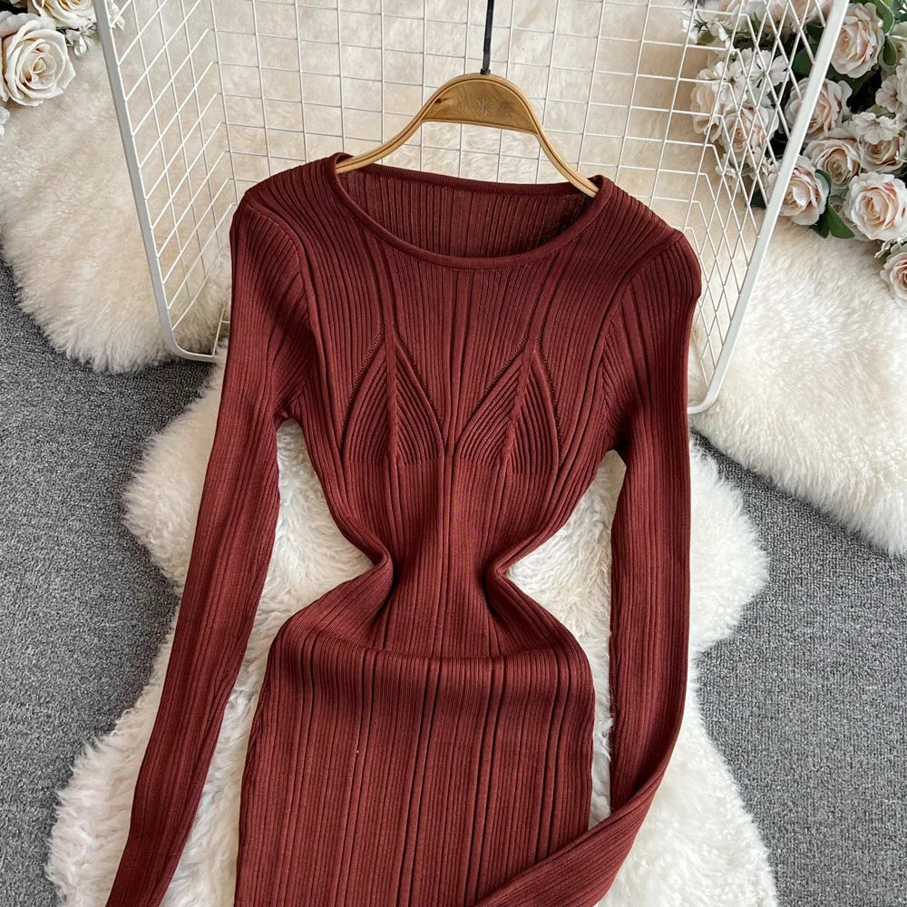 Long Sleeve Knitted Bodycon Dress For Women Autumn Retro