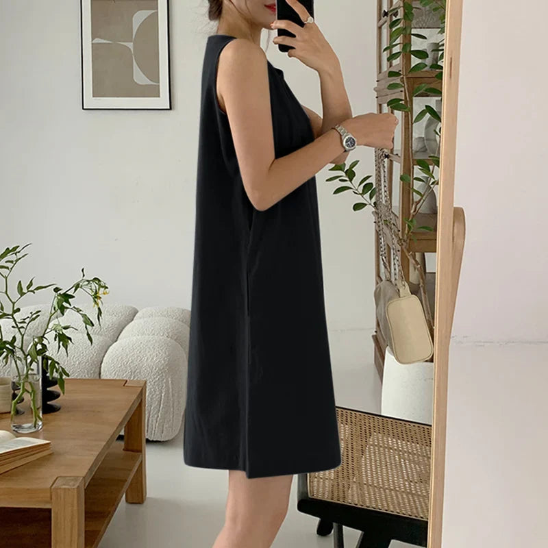 Women Sleeveless Sundress With Pockets Knee Length Casual