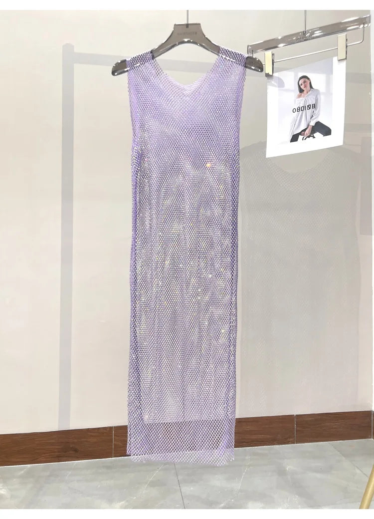 Rhinestone Mesh Midi Dress for Sexy Party and Clubwear