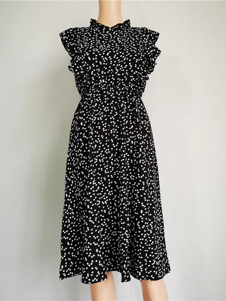Chiffon Dot Print Butterfly Sleeve Dress With Ruffles