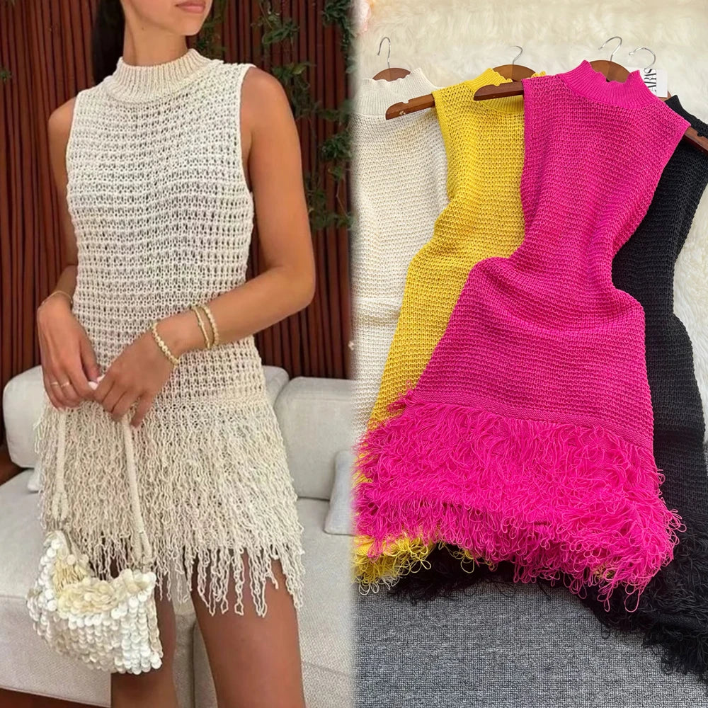 See Through Crochet Knit Dress For Women Beach Party Wear