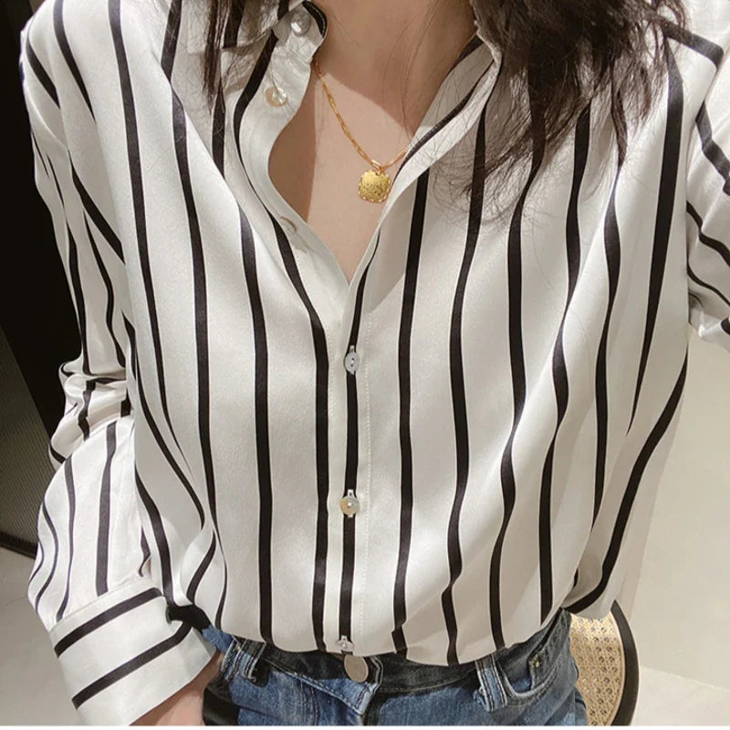 Vintage Striped Satin Women's Blouse Long Sleeve Turn-Down Collar Casual Loose Fit Shirt for Spring and Autumn