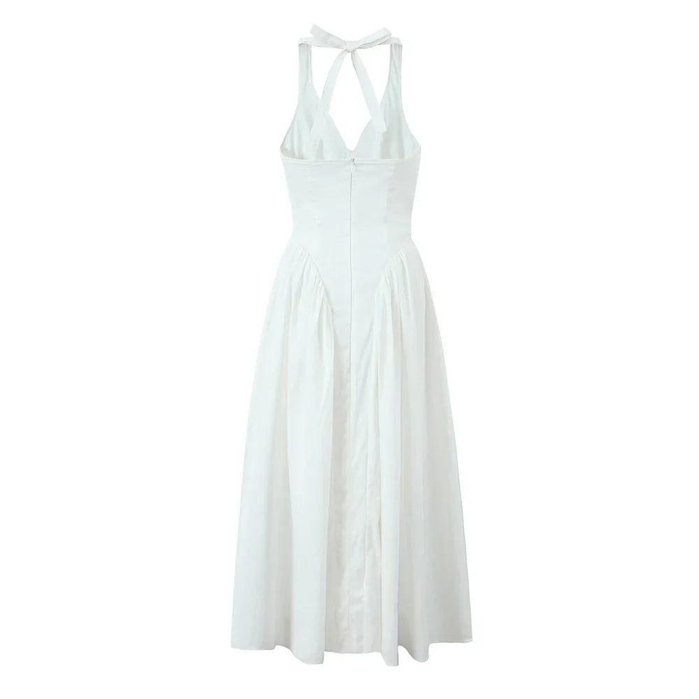 White Halter Neck Maxi Dress Sleeveless Open Back For Women