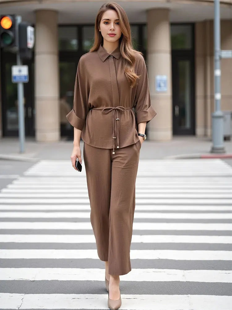 Vintage Brown Blouse and Wide Leg Trousers Set for Women with Lace Up Kimono Shirt and Elastic Waist Pants