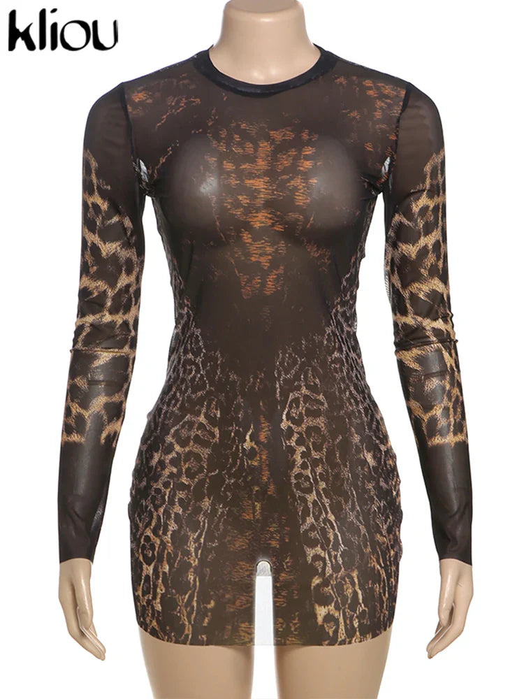 Leopard Print Mesh Mini Dress Women See Through Bodycon