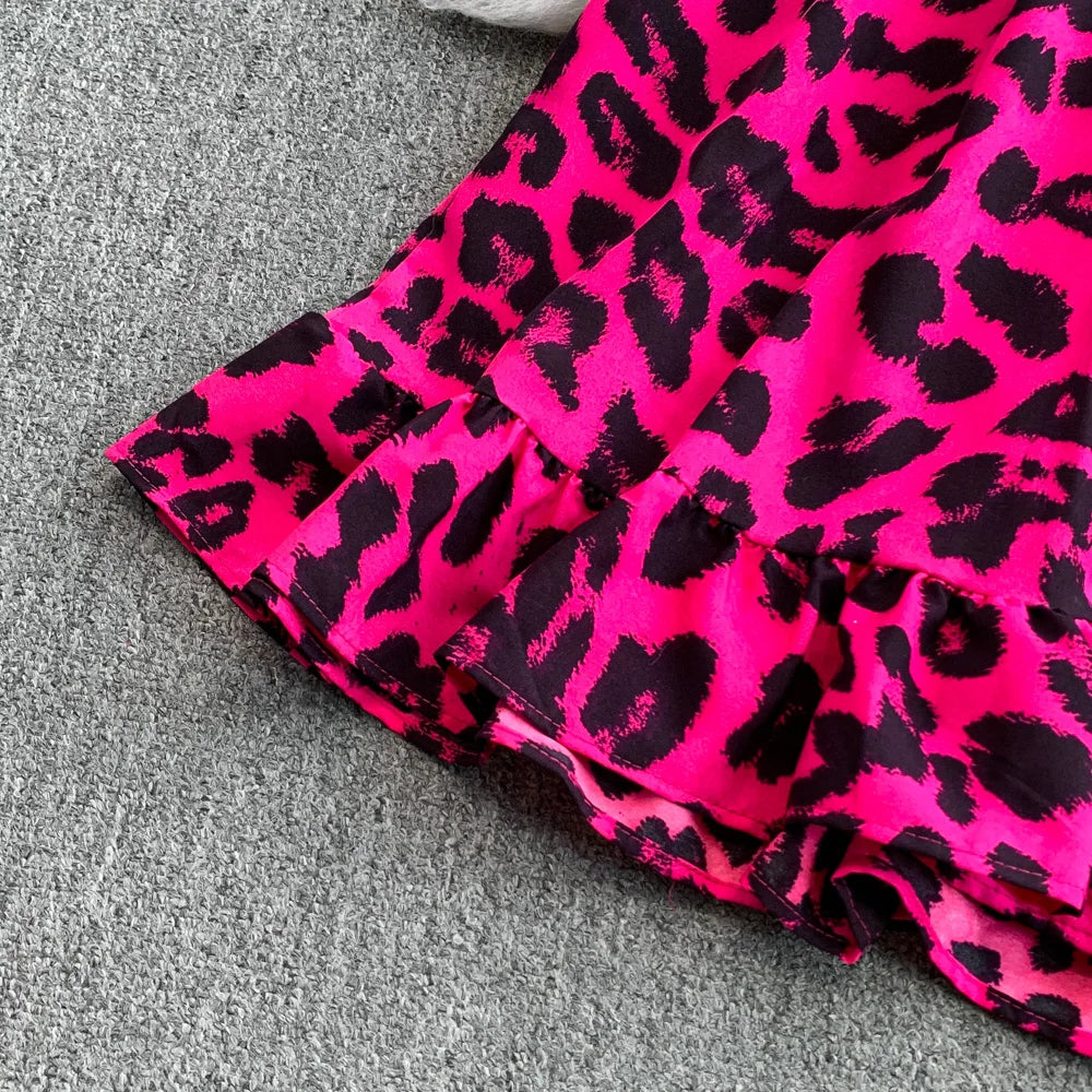 Women's Summer V-Neck Leopard Print Lace-Up Jumpsuit Short Sleeve Loose Fit Playsuit Overalls with Elegant Ruffle Detail