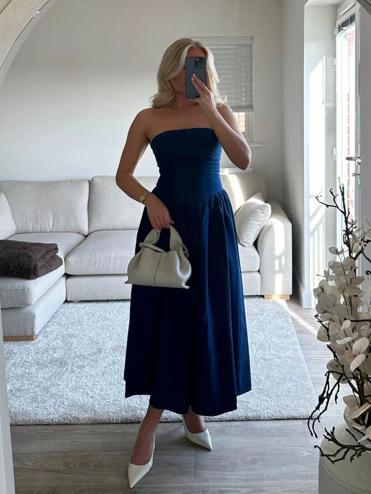 Strapless Denim Dress With Fitted Bodice And Pleated Skirt