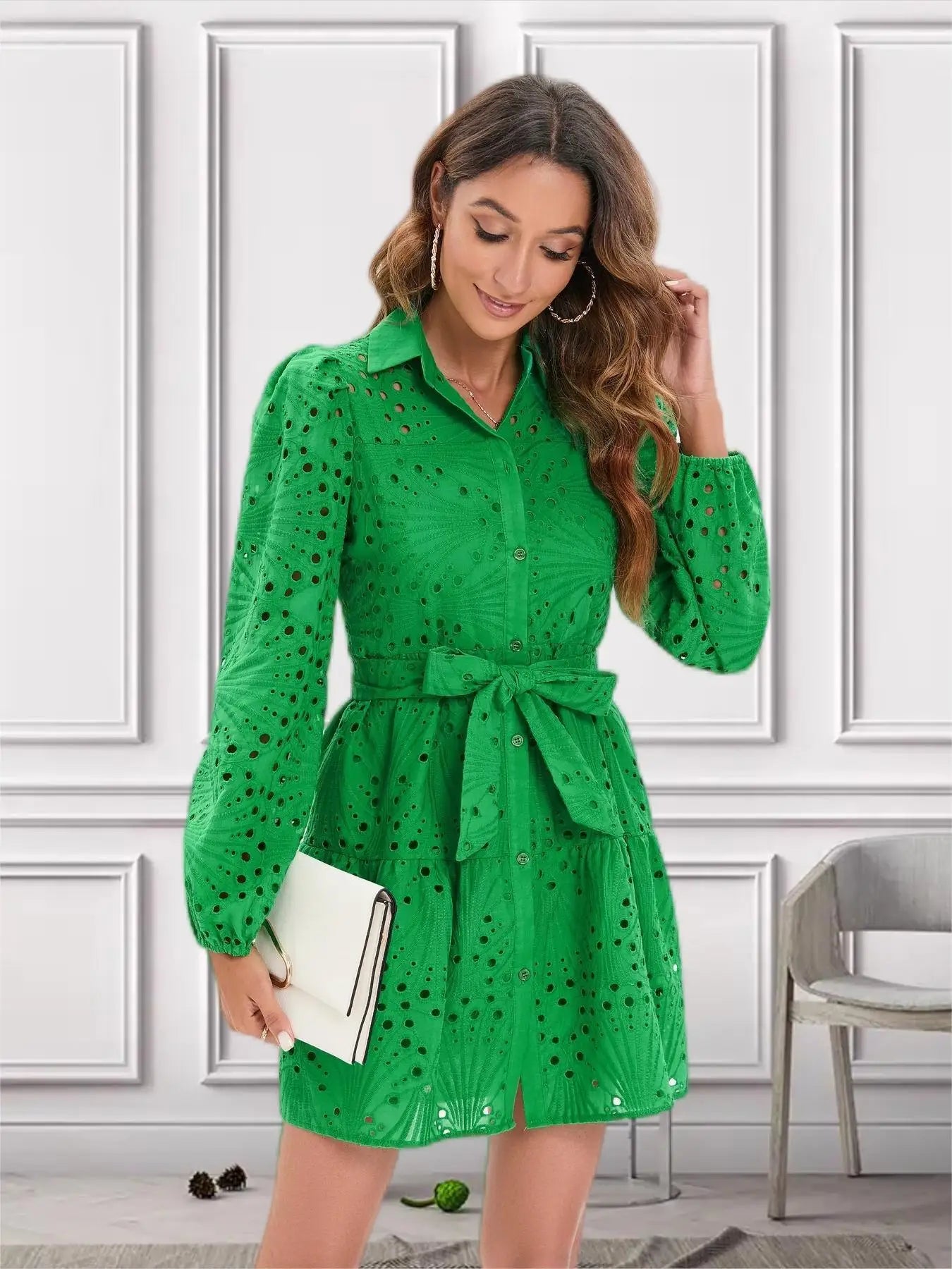 Lace Belted Dress With Eyelet Embroidery Cutout Design