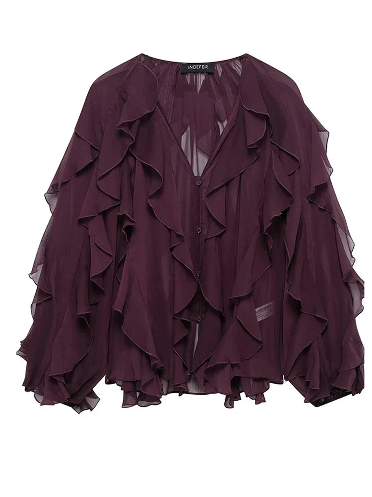 Loose Fit Burgundy Mesh Ruffle Shirt with Flutter Sleeves and Stacked Decorative Design for Women