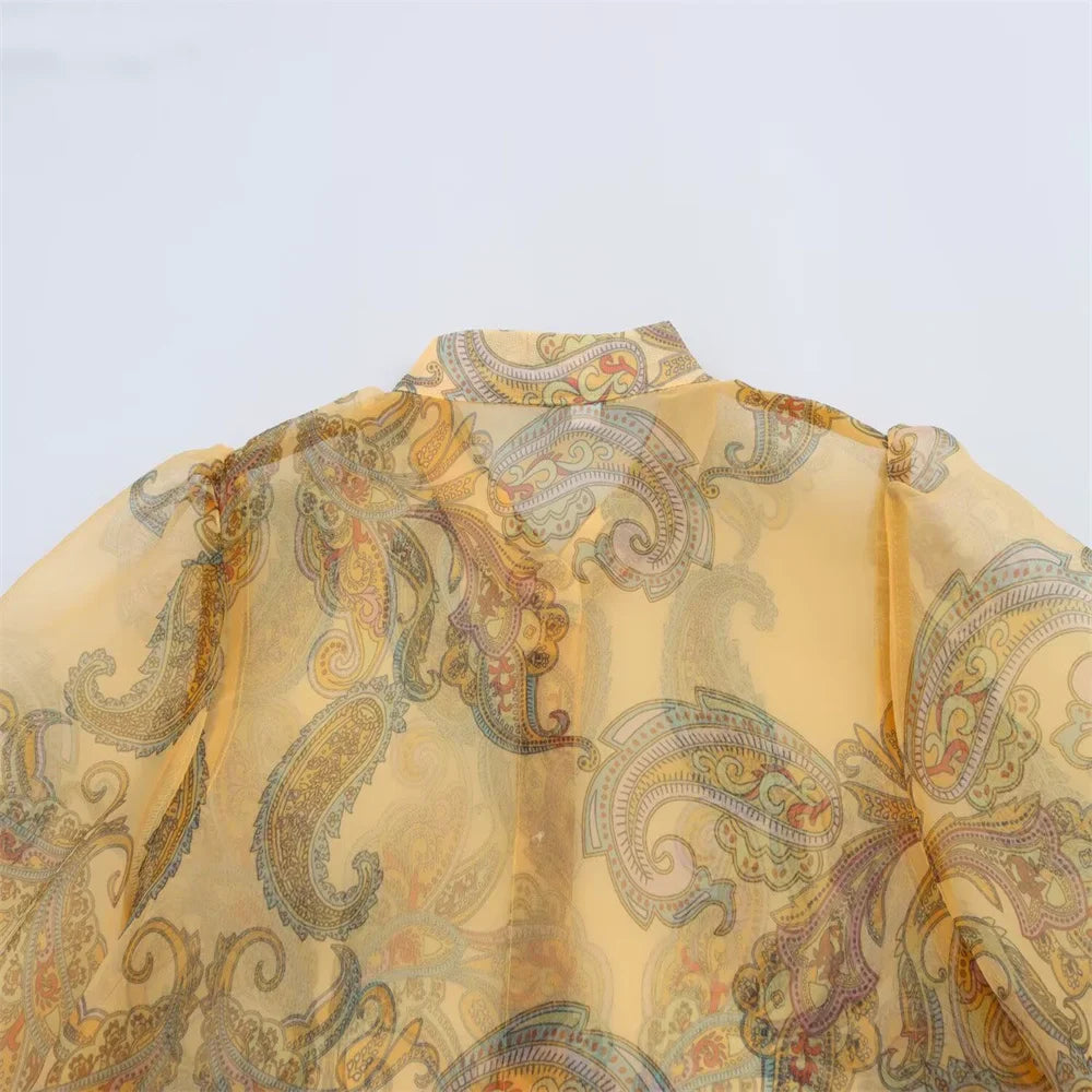 Womens Sheer Chiffon Blouse with High Neckline Puff Long Sleeves and Paisley Print Button Front Design