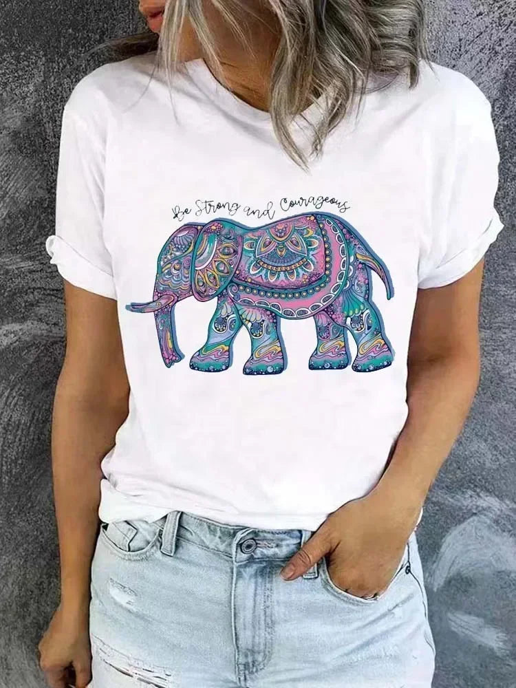 Funny Elephant Boho Printed T-Shirts for Women - Comfortable Short Sleeve Casual Tops