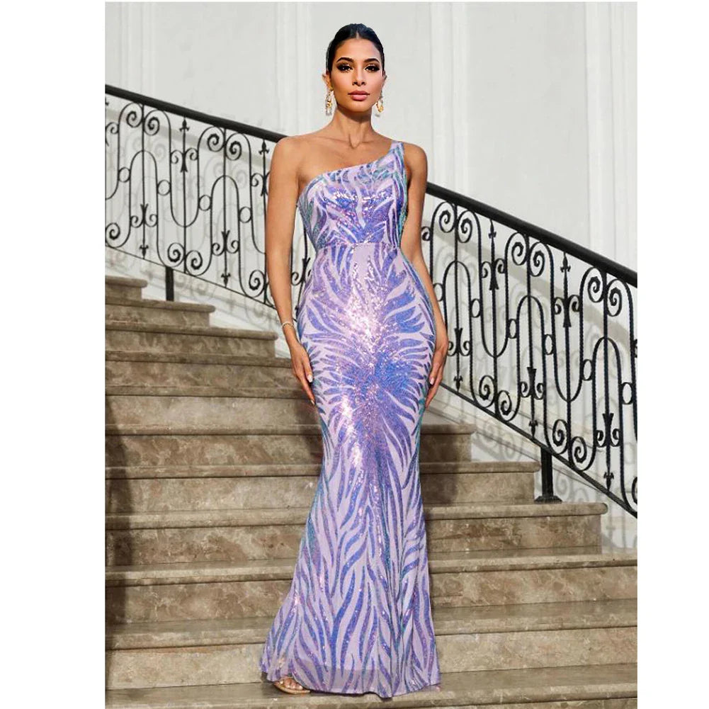 One Shoulder Sequined Maxi Dress For Party Evening Gown