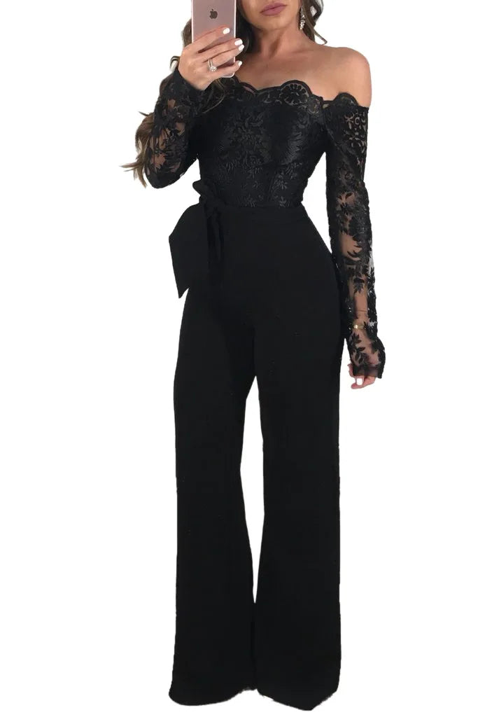 Appliques Lace Patchwork Off Shoulder Jumpsuit for Women with Slash Neck Long Sleeve and Elegant Wide Leg Pants Party Overalls