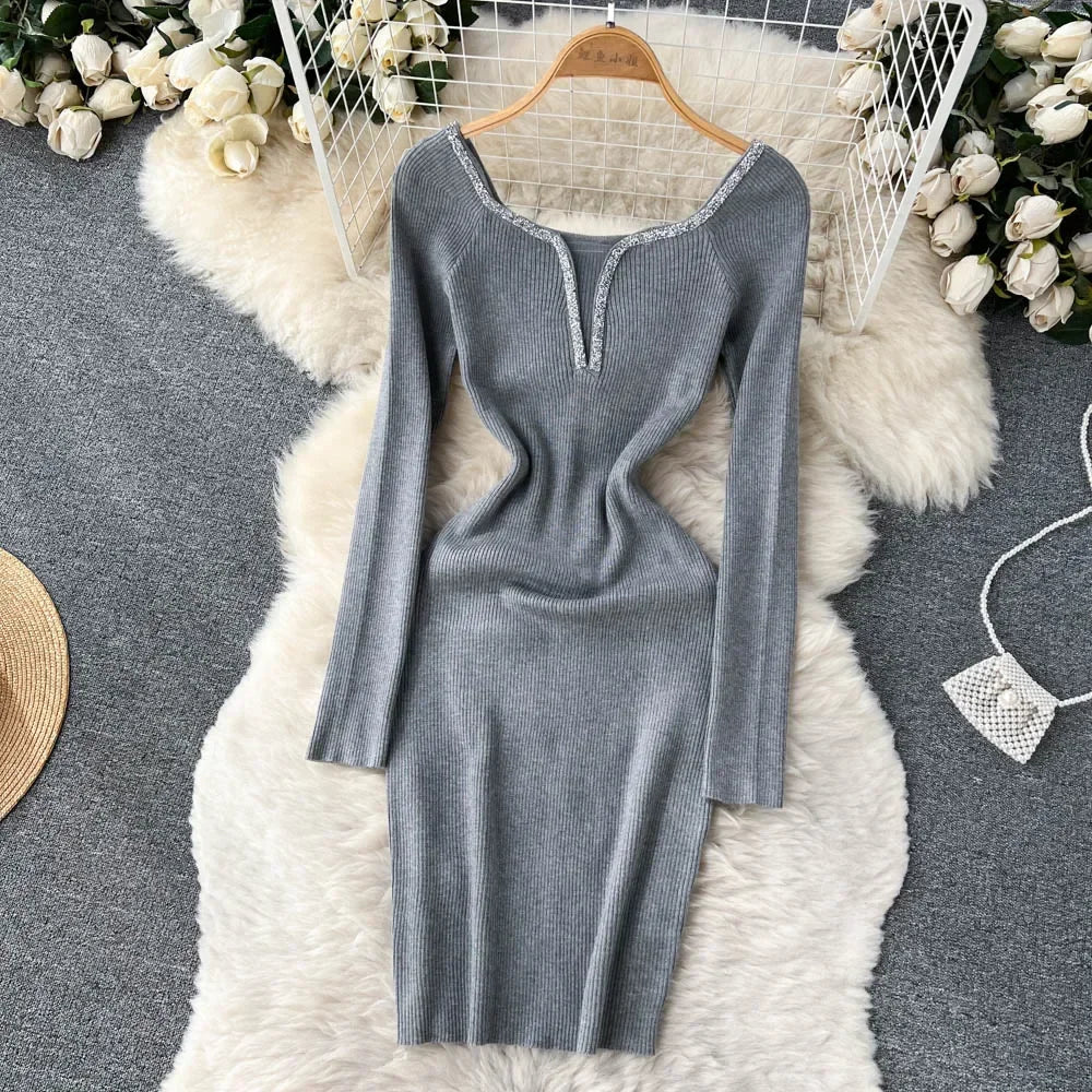 Knit Bodycon Dress For Women Long Sleeve Winter Sweater