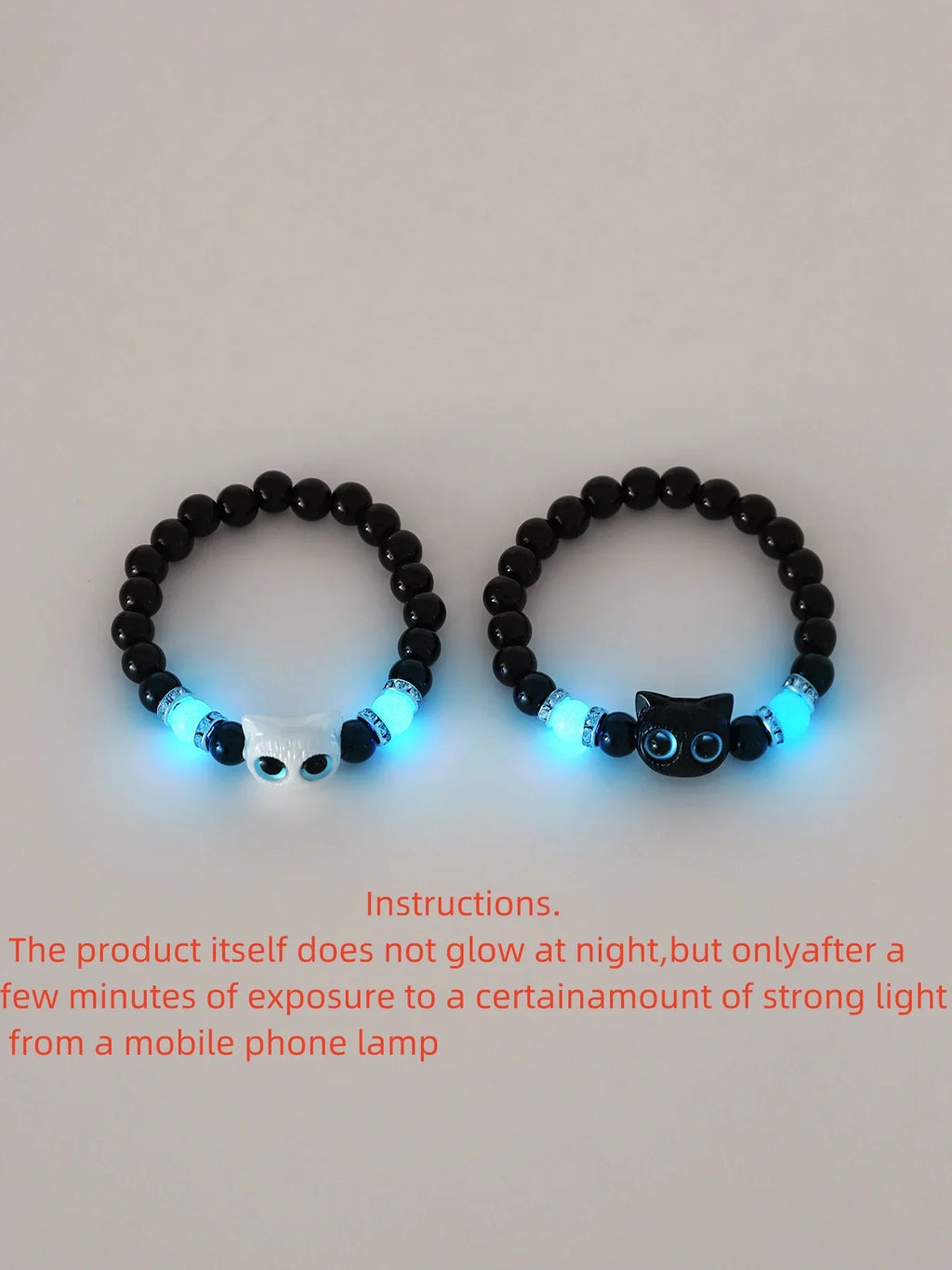 Luminous Cat Charm Bracelets for Couples Glow in the Dark Friendship Bangles Black and White Cat Head Design