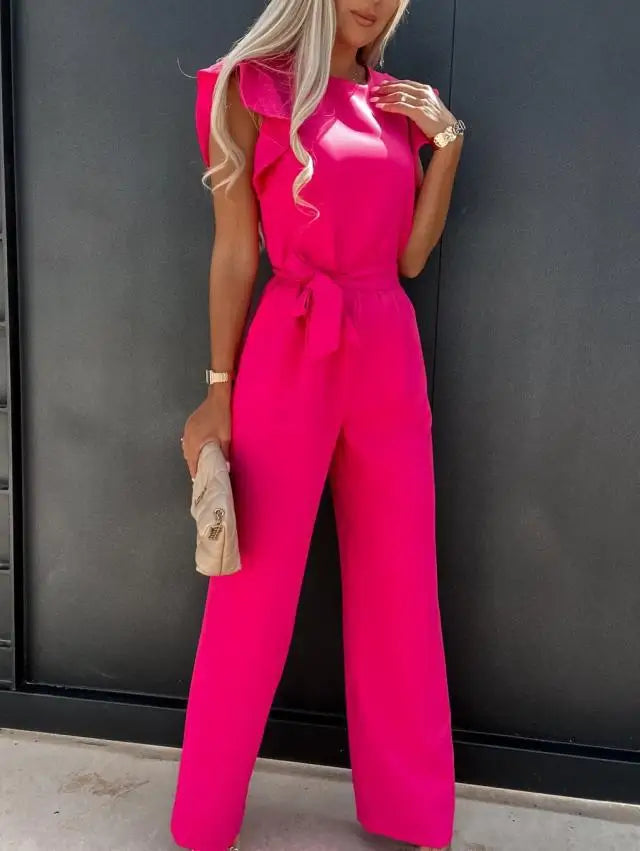Elegant Lace Up High Waist Jumpsuit for Women with Straight Leg and Ruffle Edge Sleeves in Solid Color