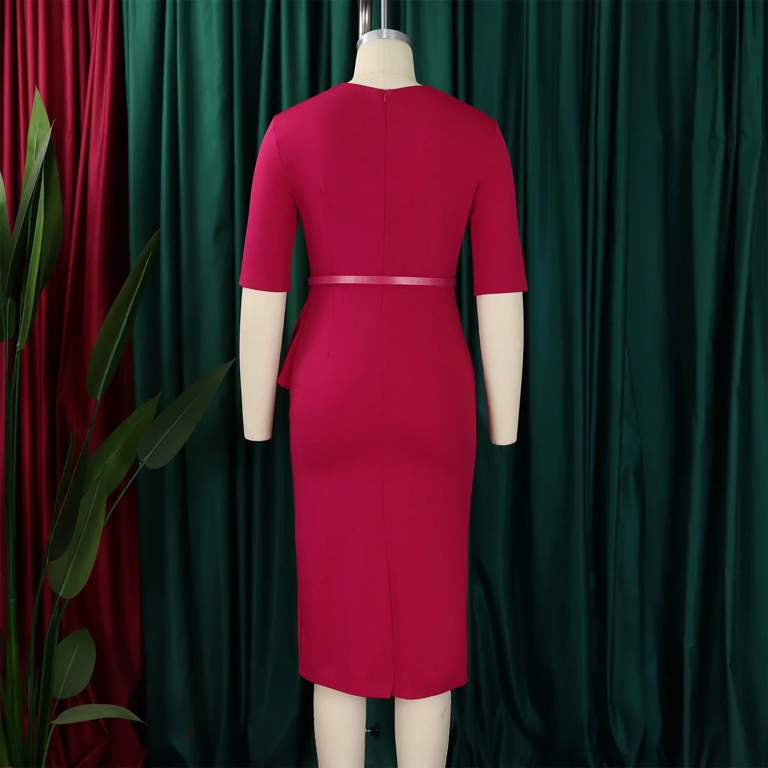 Women Square Neck Bodycon Midi Dress Belted For Work