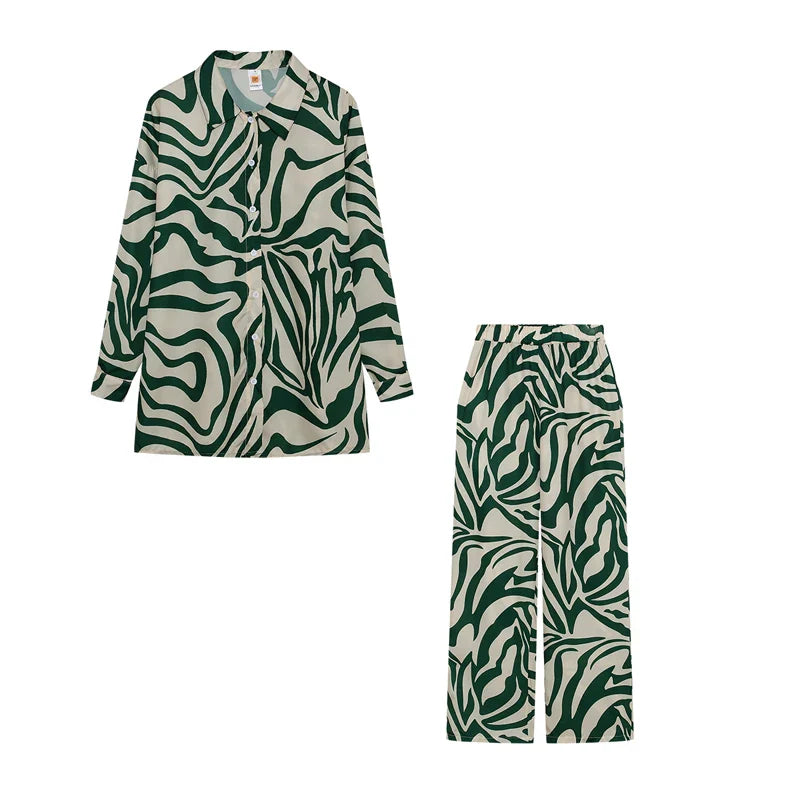 Trendy Print Off Shoulder Shirt and Trouser Set with Long Sleeve Design