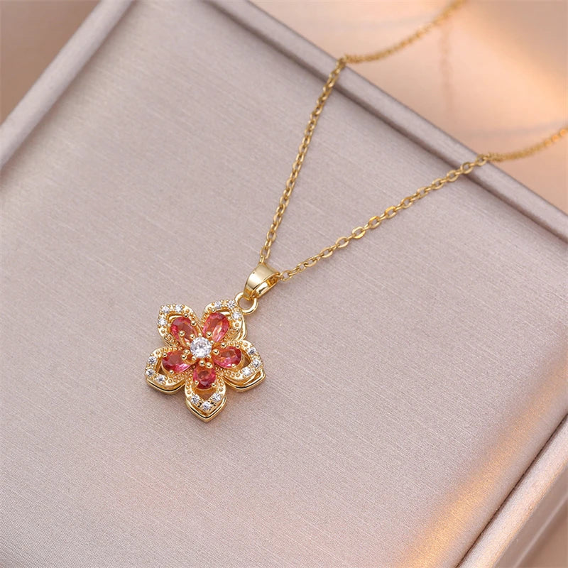 Gold Plated Shiny Zircon Flower Pendant Necklace for Women Elegant Choker Jewelry for Weddings and Parties
