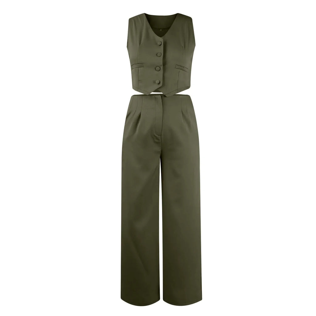 Sleeveless V-Neck Vest and Wide Leg Pants Suit for Women