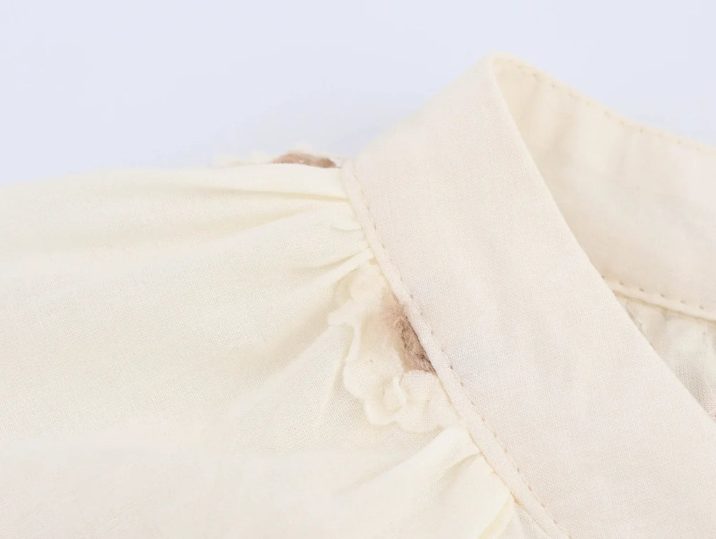 Womens Flower Embroidered Cropped Blouse Loose Tassel Lantern Sleeve Round Neck Chic Top