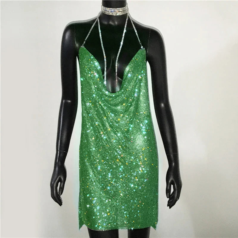 Sequin Rhinestone Backless Mini Dress For Nightclub Party