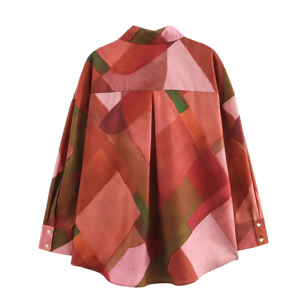 Spring Collar Long Sleeve Single Breasted Women's Casual Shirt with Geometric Print and Silk Texture