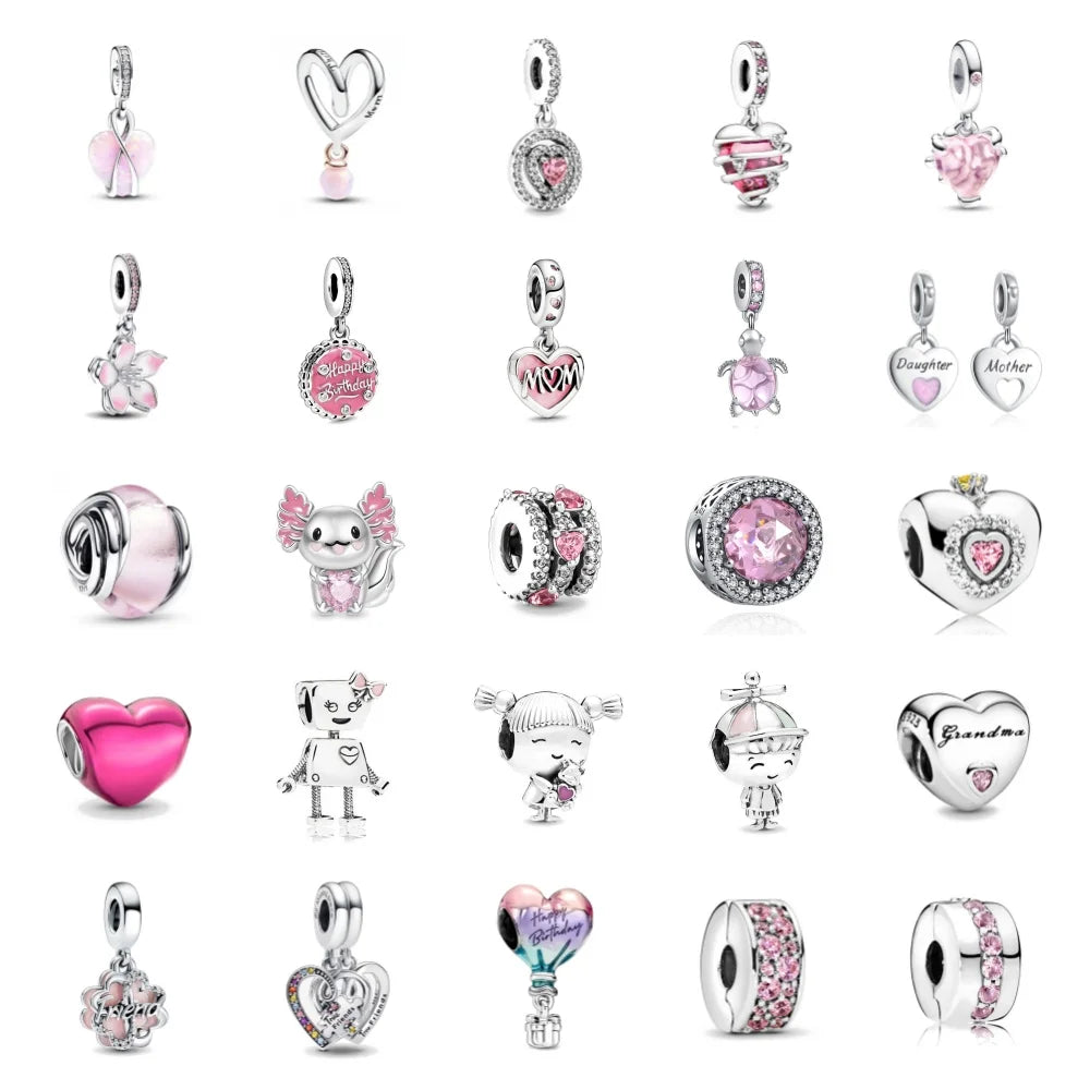 Spring Pink 925 Sterling Silver Mother Daughter Flower Enamel Dangle Pendant for Charm Bracelets