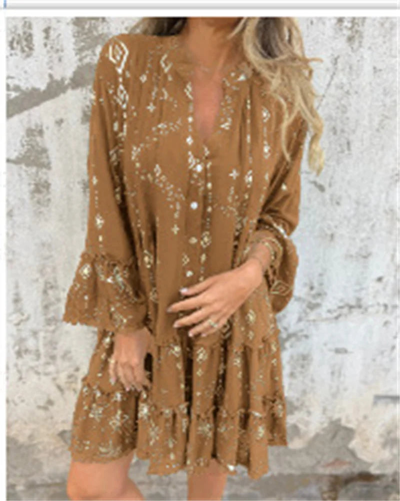 Gold Embossed Lace Sleeve Hollow Out Dress For Women