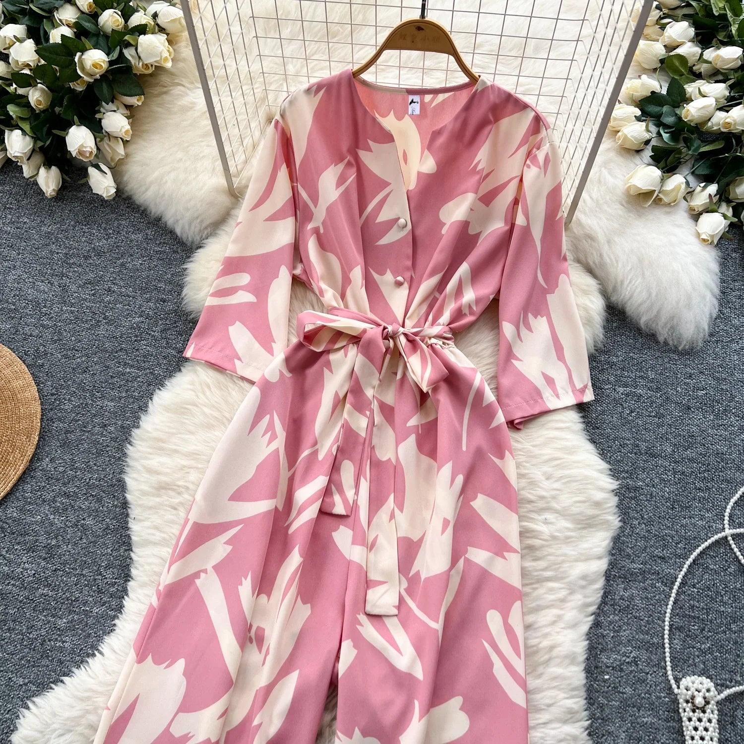 Women's Summer V-Neck Short Sleeve Lace-Up Waist Slim Fit Wide-Leg Printed Jumpsuit with Loose Straight Leg Design