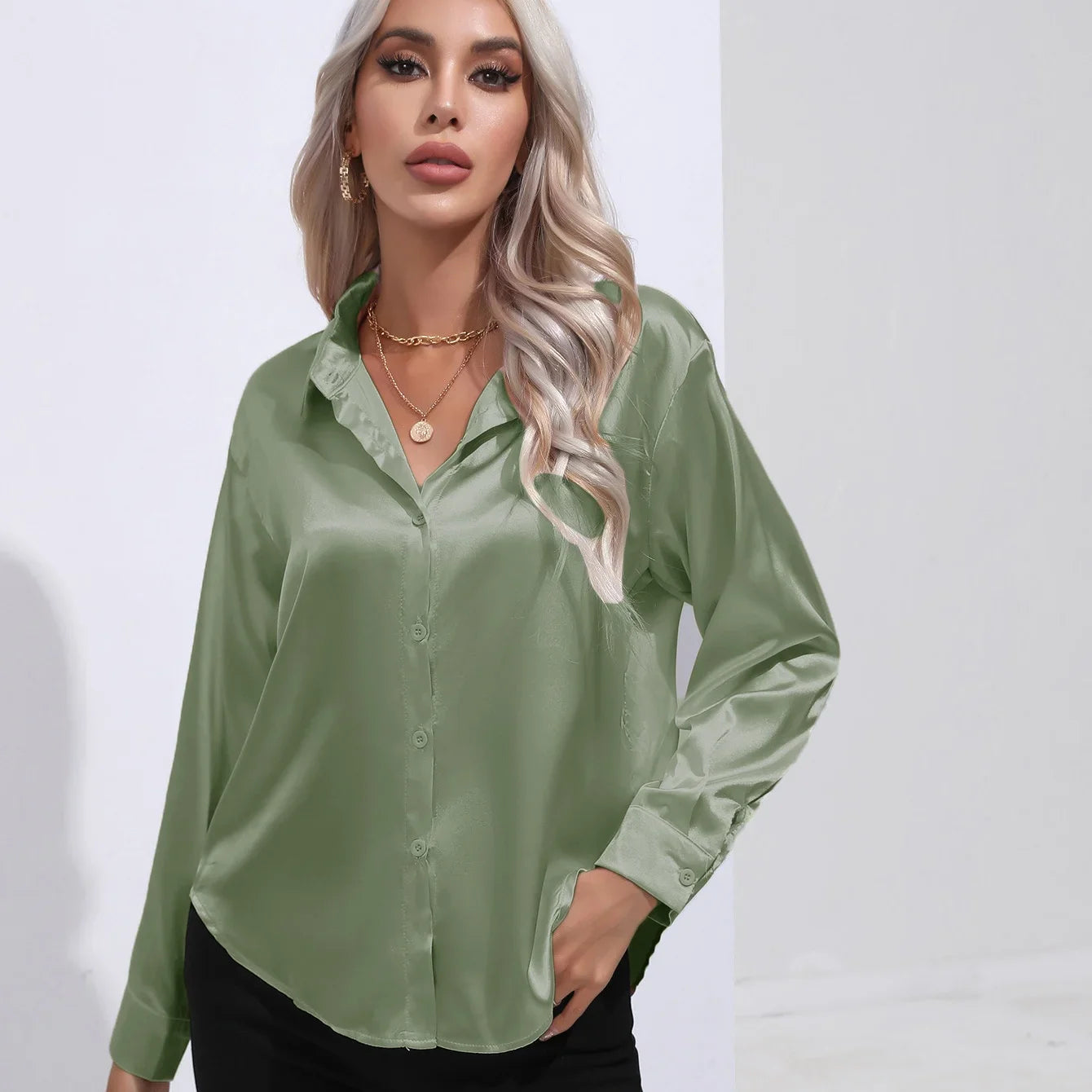 Retro Satin Button-Up Shirt for Women Loose Fit Multi-Color Elegant Office Casual Top Perfect for Autumn and Dance Parties